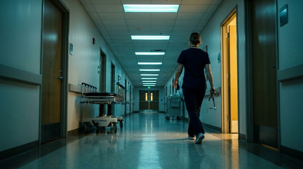 Nurse walking a hospital corridor at 4am