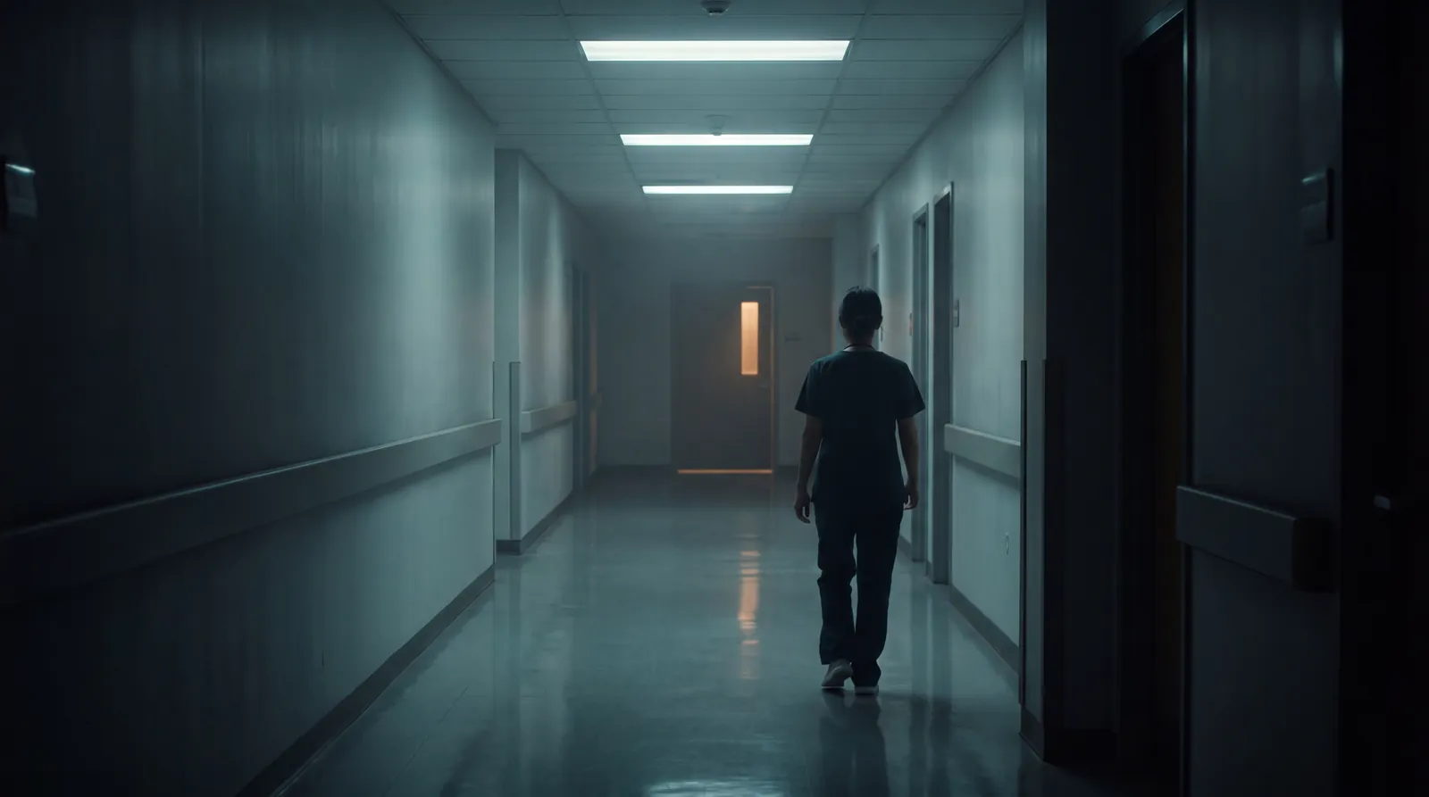 Nurse walking a hospital corridor at 4am