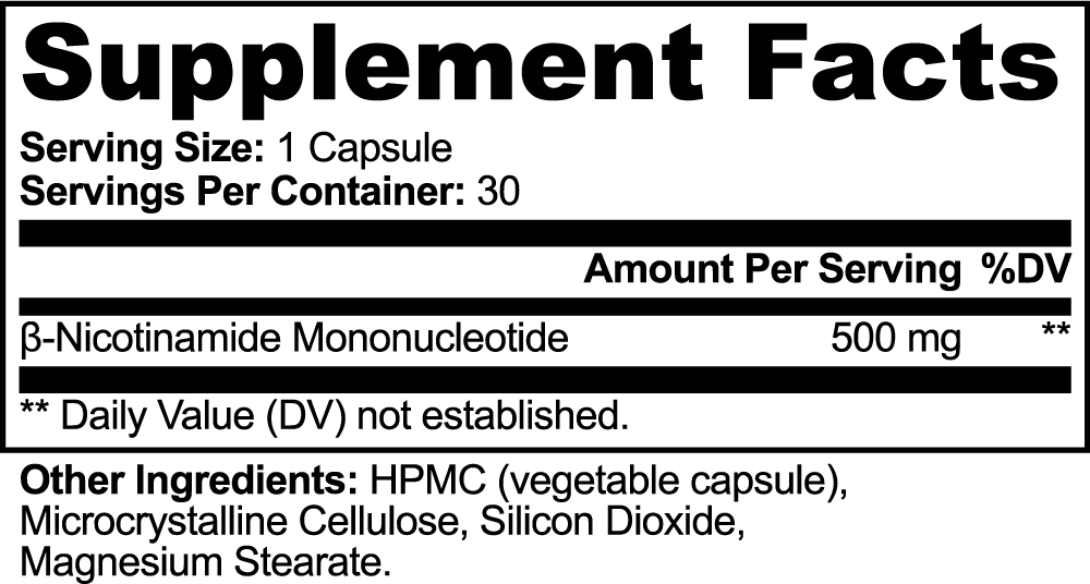 Stratus NMN Supplement Facts panel: 500 mg β-Nicotinamide Mononucleotide per capsule