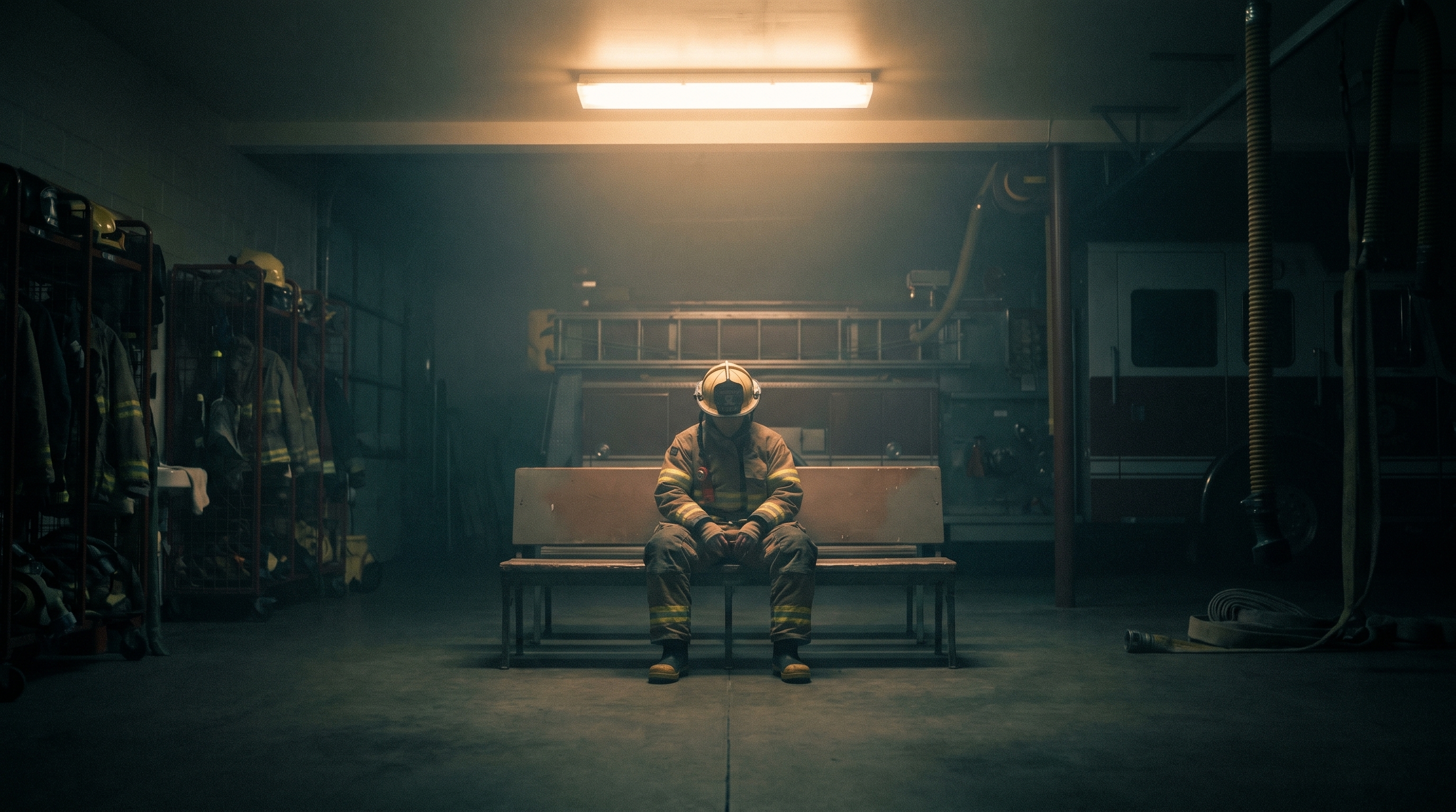 Firefighter sitting on a bunk at 3am