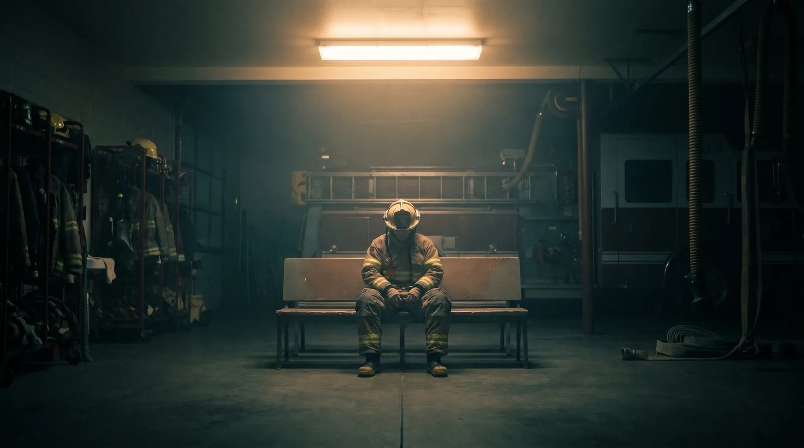 Firefighter sitting on a bunk at 3am