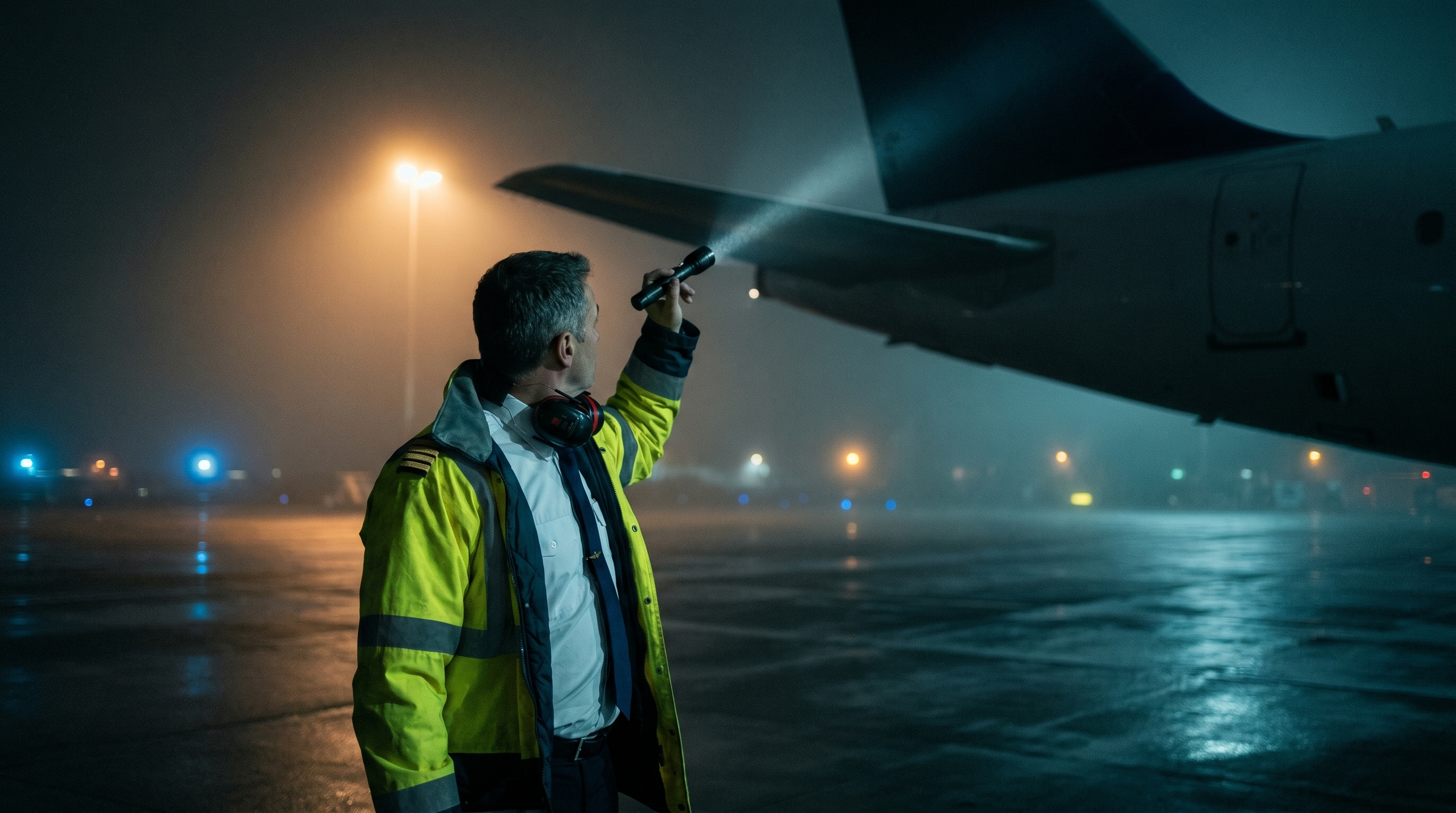 Pilot in a dim cockpit on a night flight