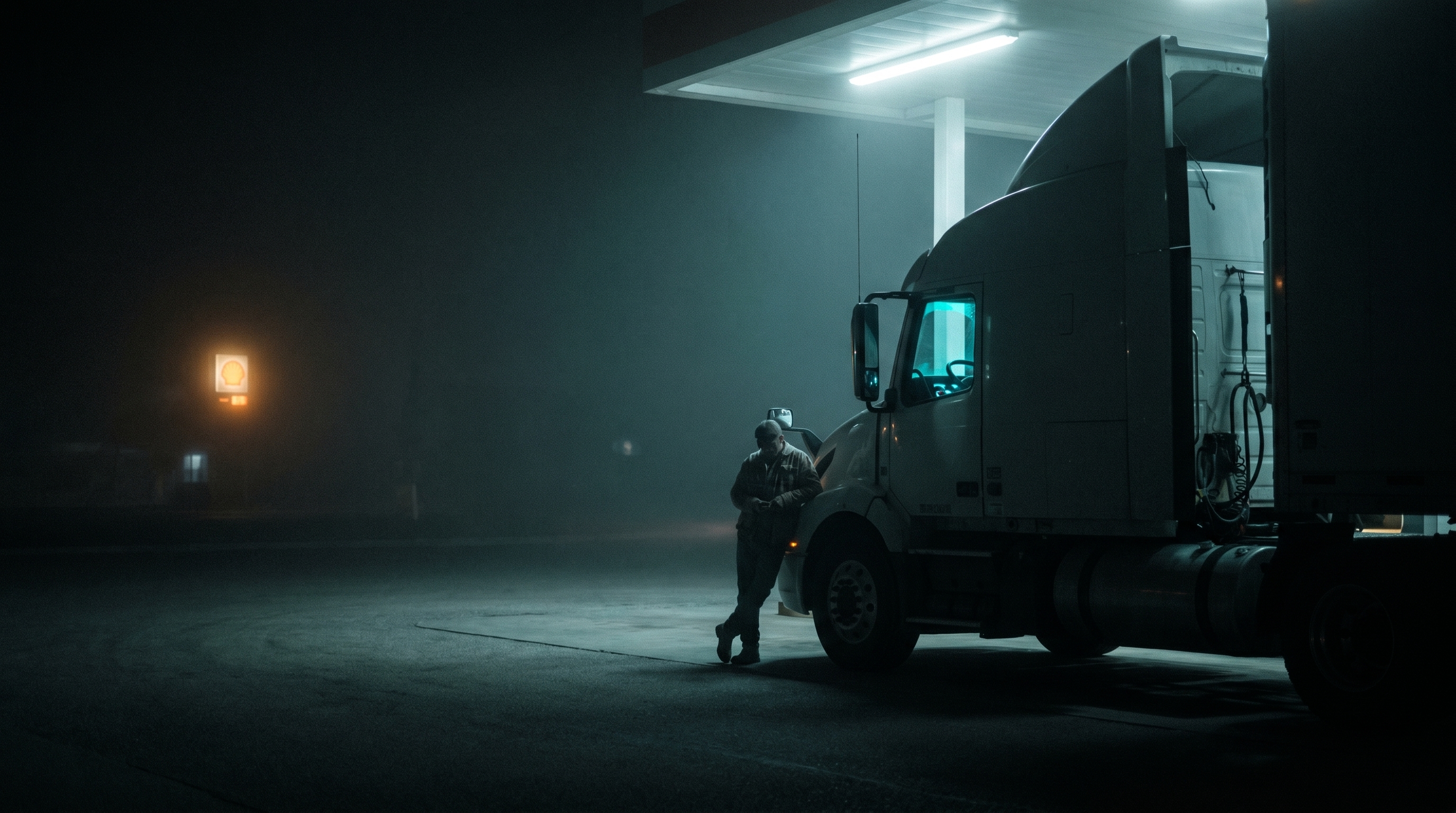 Long-haul trucker behind the wheel at night