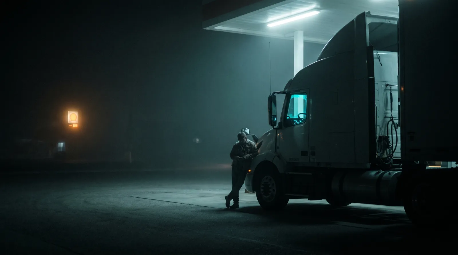 Long-haul trucker behind the wheel at night